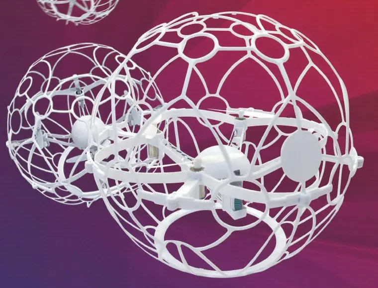 Two BALKIN drone soccer balls: white cages with a small drone inside