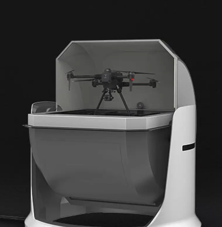 The K01 docking station with its cover open and a drone on the landing pad