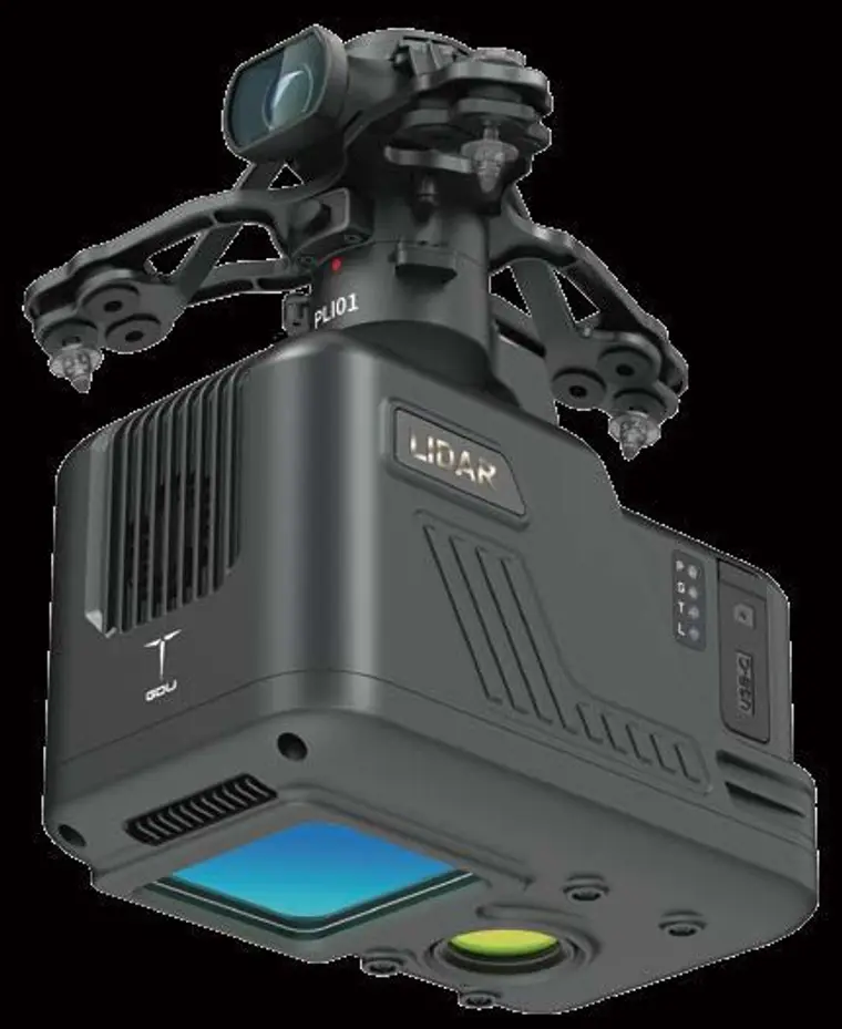 The PLI01 LiDAR unit on its mount, scanning window facing down