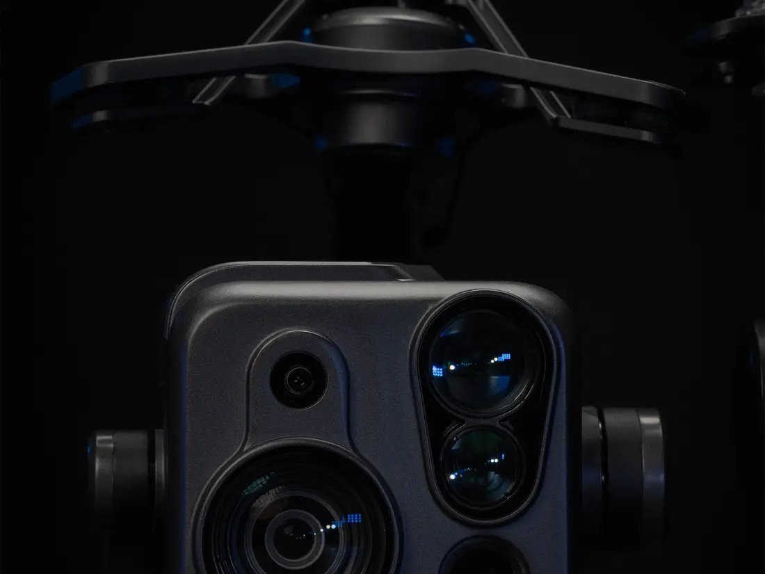 The PQL01 quad-sensor gimbal camera on a dark background