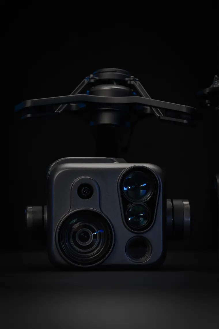 The PQL01 quad-sensor gimbal camera, its lenses facing the camera