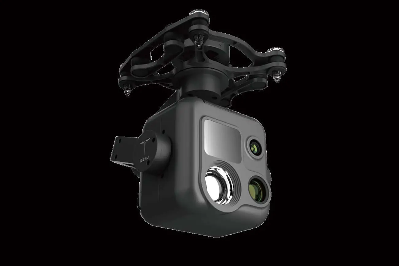 The PQL02 gimbal camera on its mount: wide, zoom and thermal lenses
