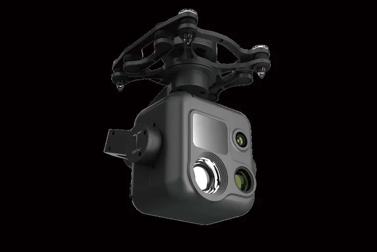 The PQL02 gimbal camera on its mount: wide, zoom and thermal lenses