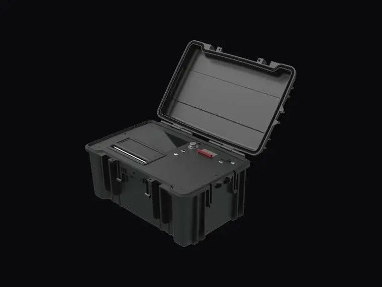The PTP01 tethered power supply in its open case