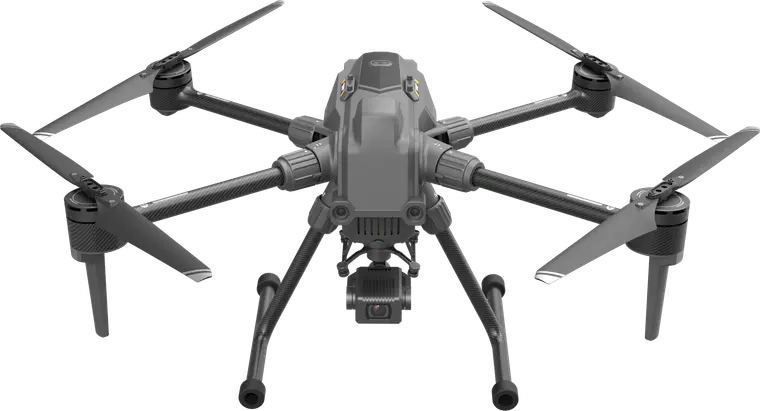 The S400E seen from the front: landing legs, folded rotor arms and the gimbal camera beneath the body