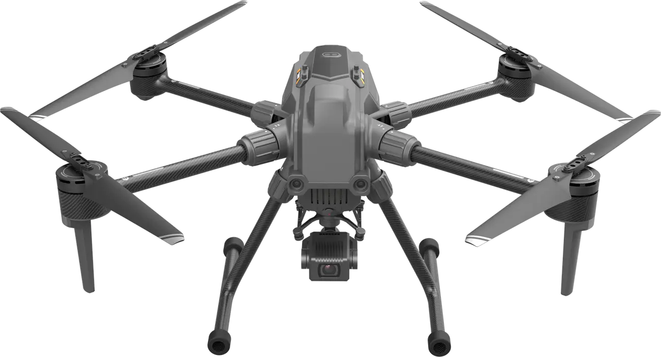 The S400E seen from the front: landing legs, folded rotor arms and the gimbal camera beneath the body