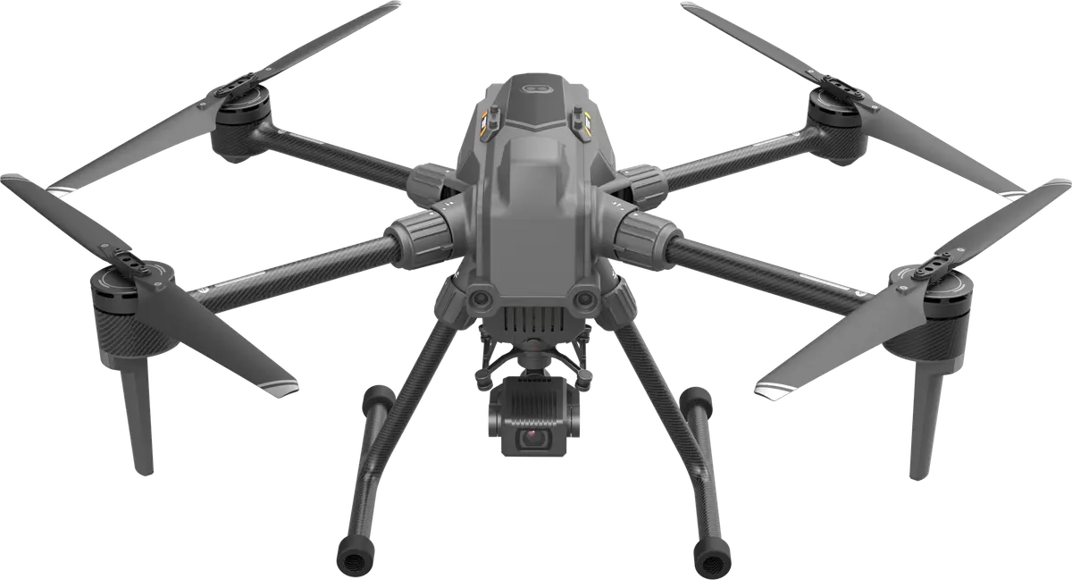 The S400E seen from the front: landing legs, folded rotor arms and the gimbal camera beneath the body