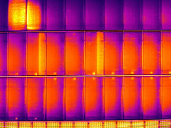 A thermal image of solar panels from a drone survey, one panel showing a hot spot