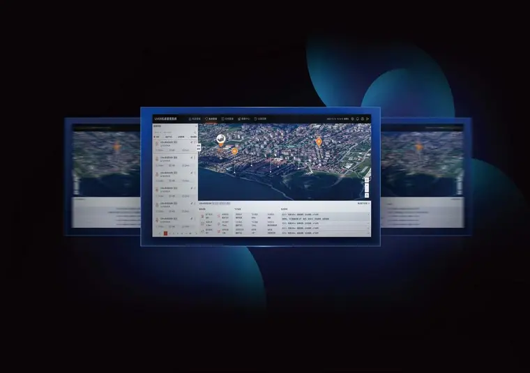 Platform screens showing a planned flight route over a coastal city